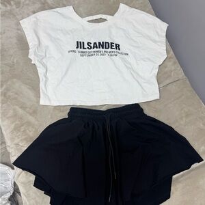 Jil Sander Graphic White Top and Black Skirt Ensemble